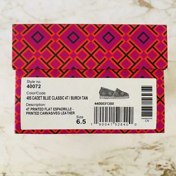 TORY BURCH Blue Brown 4T Logo Print Canvas/Veg Leather Espadrille Flats - US 6.5 - Picture 7 of 7